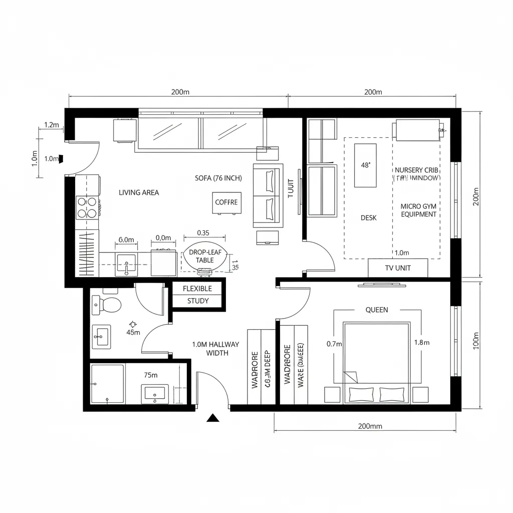 Top-down CAD plan of one-bedroom with convertible study and galley kitchen