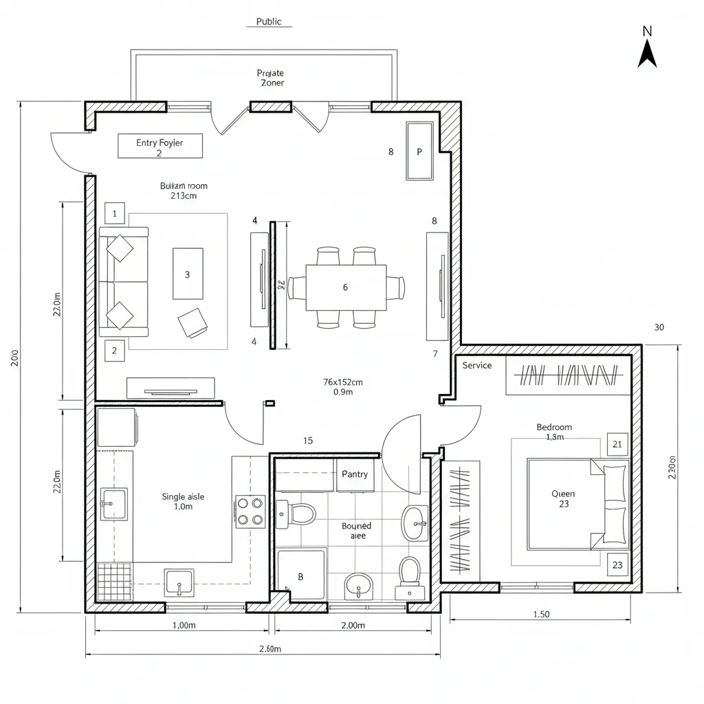 Technical interior design drawing of one bedroom apartment with living room kitchen and bathroom layout plan