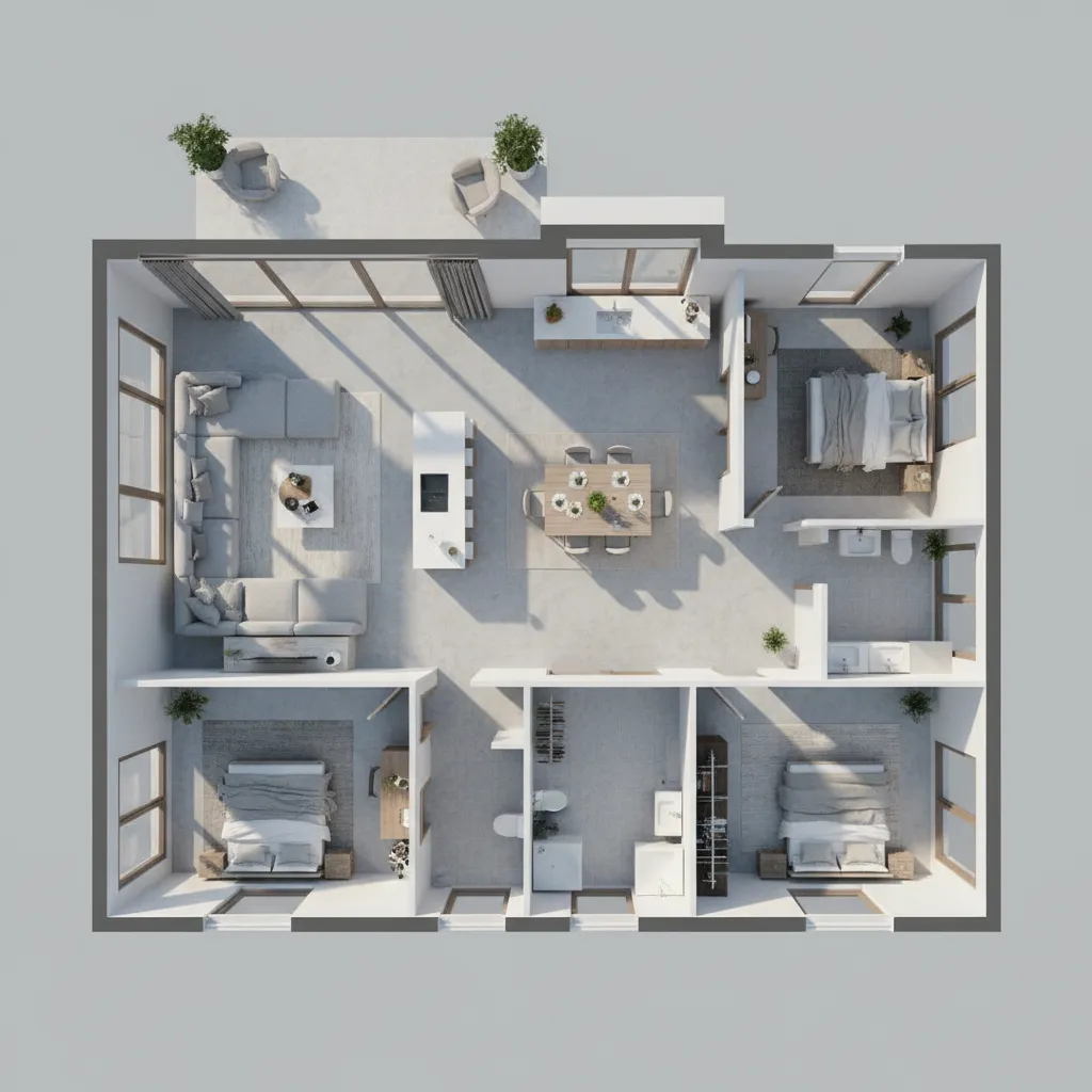 One Floor House 3 Room Design Plans in 3D
