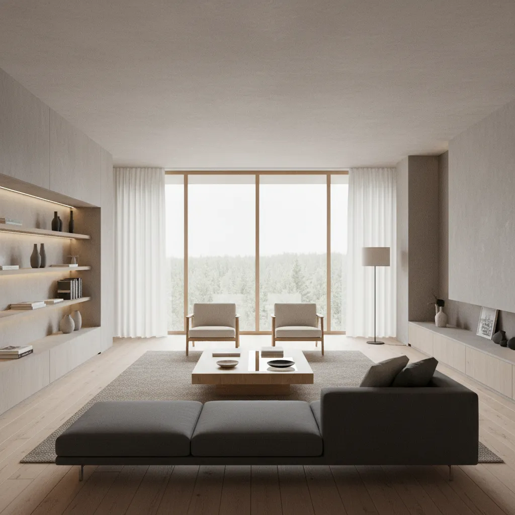 Modern living room with grey sofa wood shelves coffee table and large window forest view