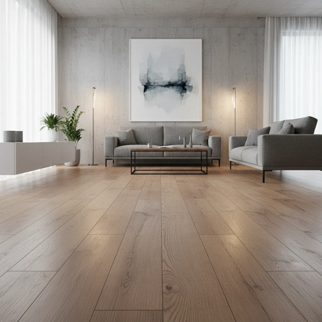 Minimalist living room with grey sofa wooden floor concrete wall painting and two light fixtures