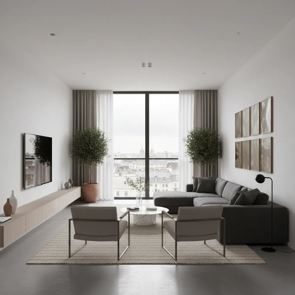 Bright living room with grey sofa two chairs marble table indoor trees and city view