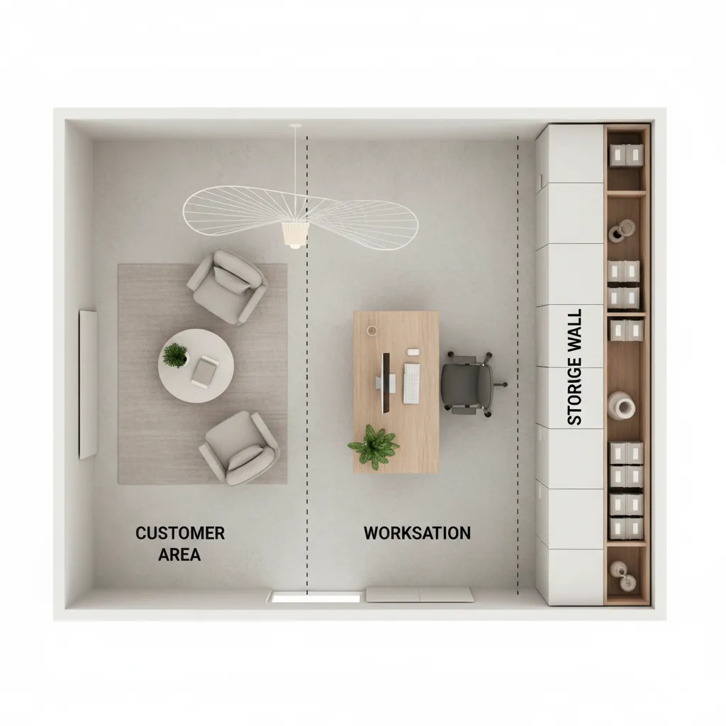 diagram style interior showing customer zone work zone and storage zone in a one room office