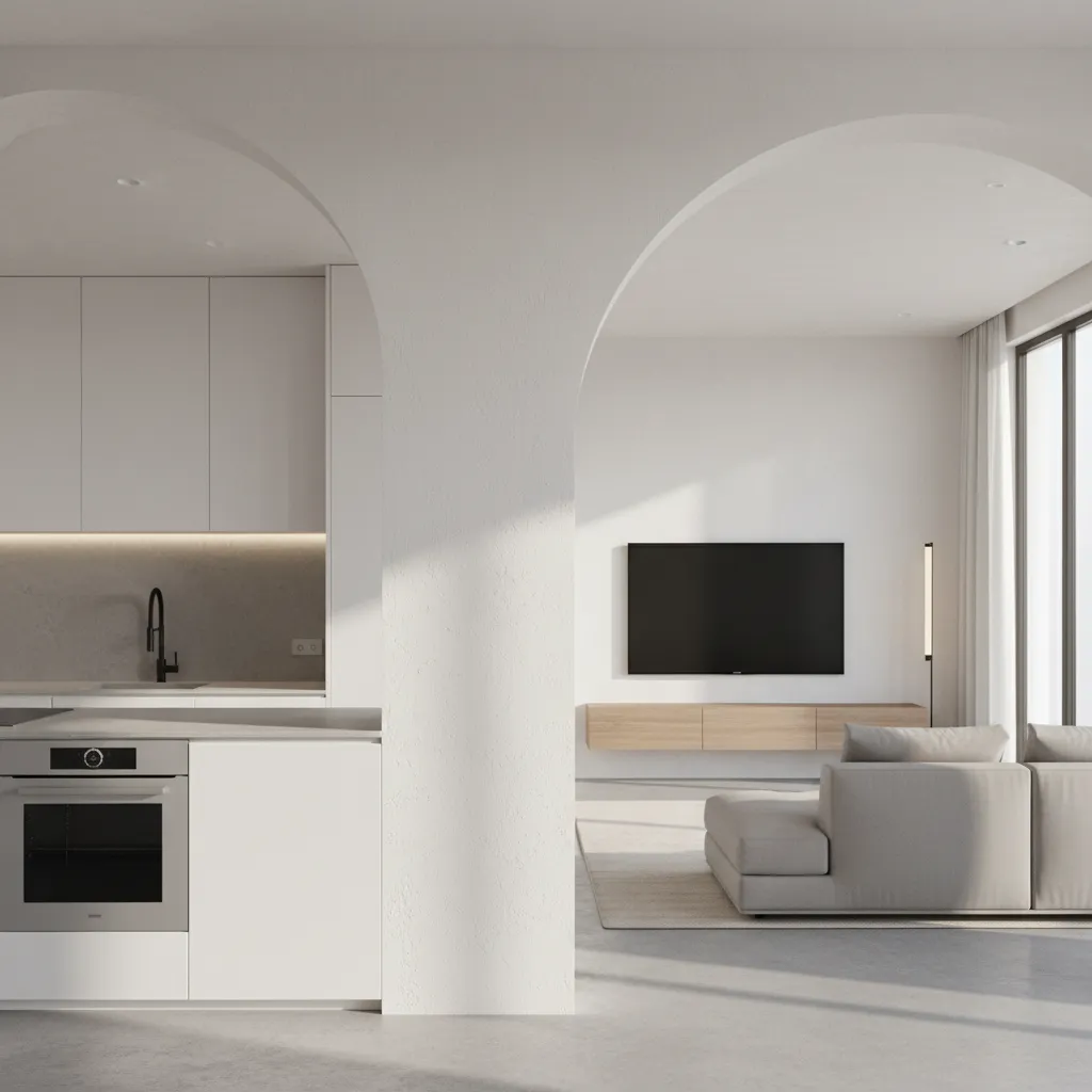 Interior layout showing zoning created by asymmetrical archway