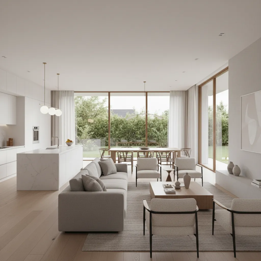 modern open concept one story home interior showing living room kitchen layout