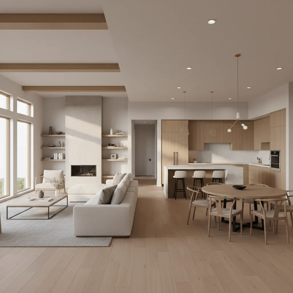 Open concept one story home living kitchen layout interior visualization