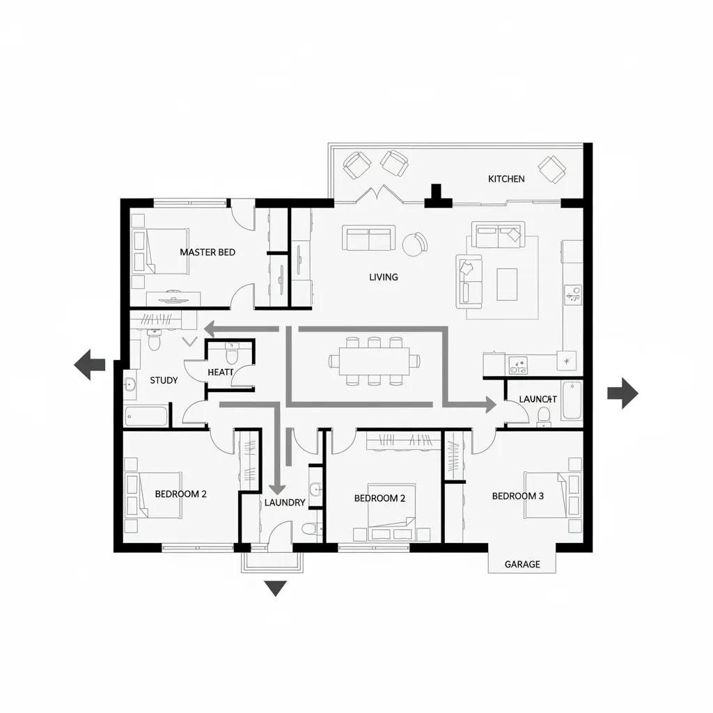 architectural floor plan illustrating traffic flow in single story home