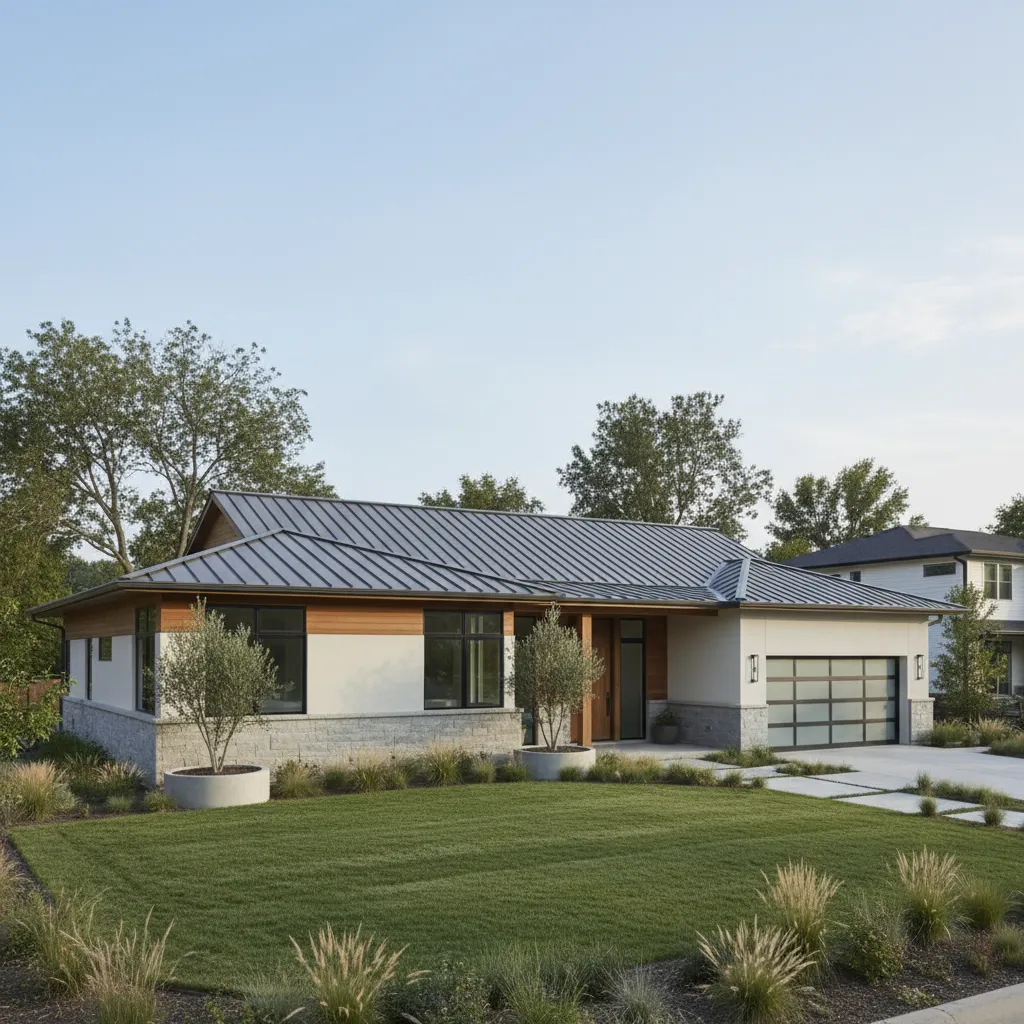 Modern single-story ranch style house with wide footprint and large roof