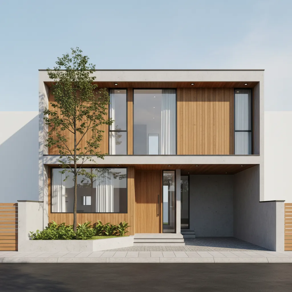 Modern house exterior featuring wooden walls large glass windows a green tree and concrete driveway