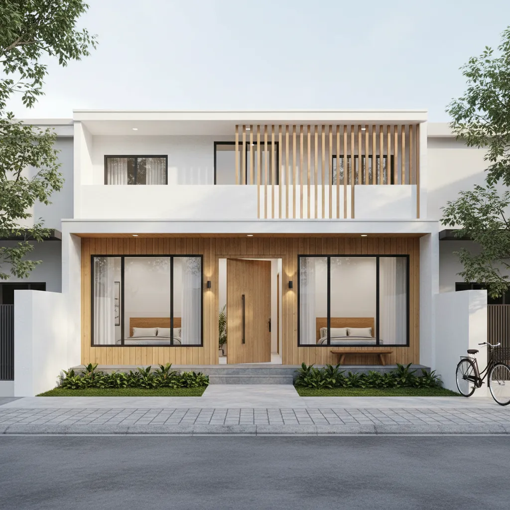 Modern white two story house with wood wall panels large windows and wooden balcony slats