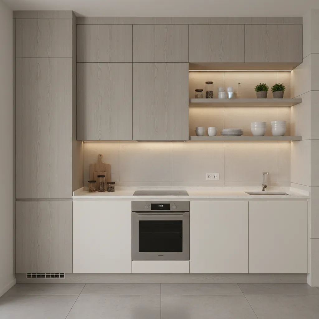 diagram-like interior showing kitchen storage and cabinets arranged along one wall