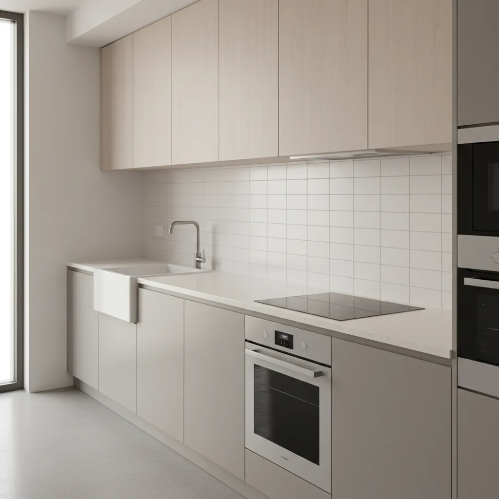 functional one wall kitchen layout with proper spacing between sink and cooktop