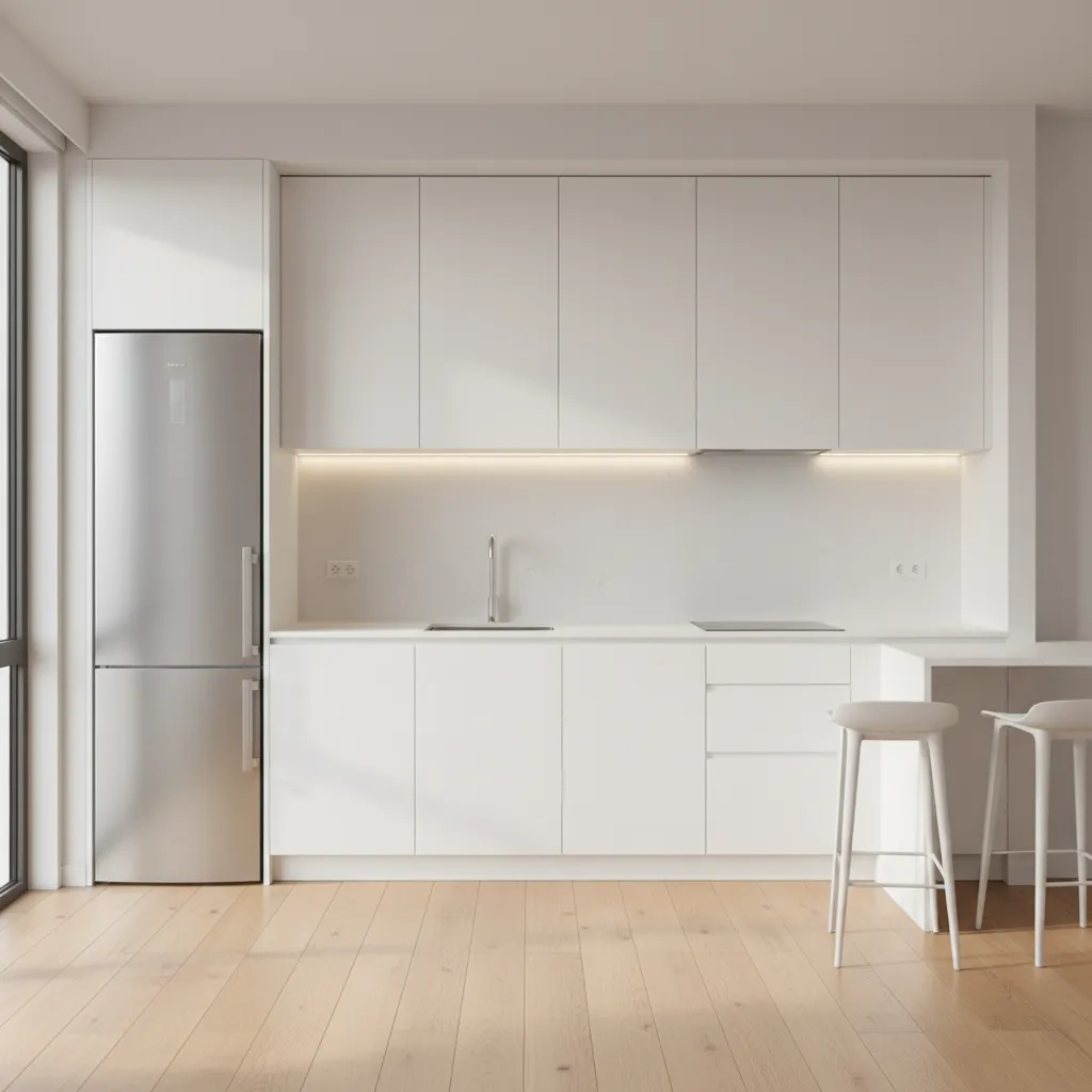 simple one wall kitchen layout with cabinets, sink, cooktop and refrigerator aligned