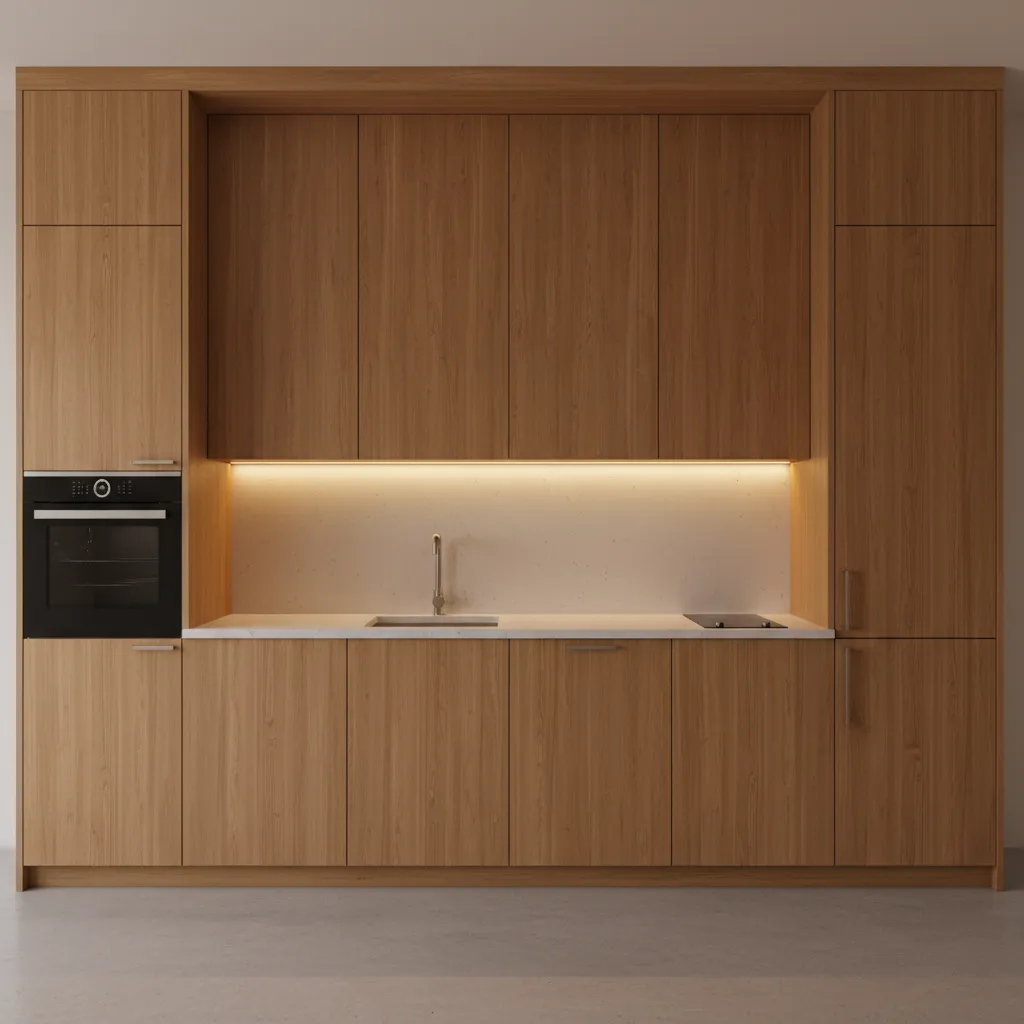 one wall kitchen with tall pantry cabinets and vertical storage design