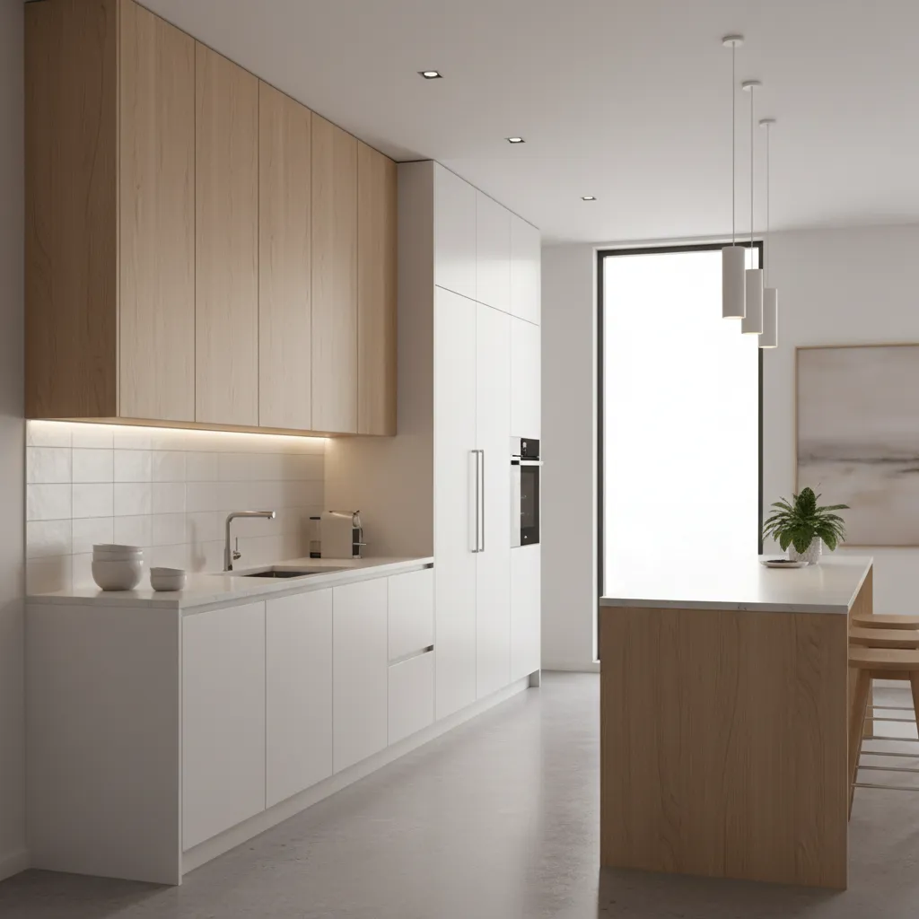 One wall kitchen with tall cabinets and vertical storage