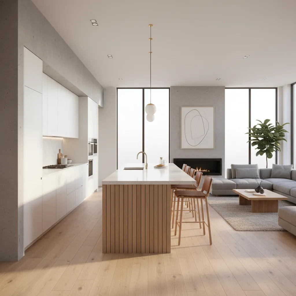 One wall kitchen combined with island for additional workspace