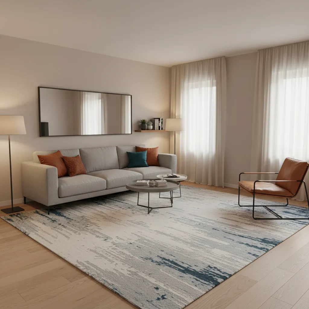 Small living room with sofa against wall creating open floor space for party guests