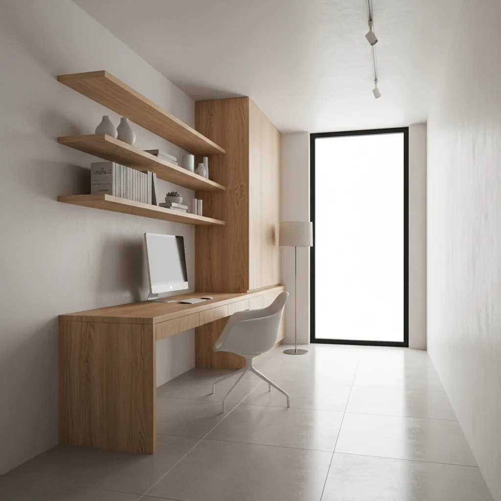 small office layout with desk and storage along one wall