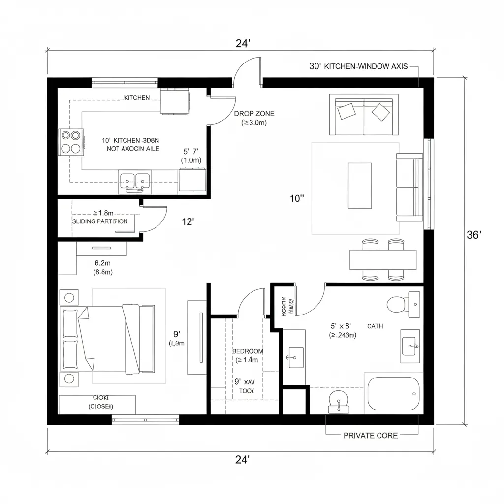 Top-down CAD plan for a 24 by 36 foot one-bedroom split public and private