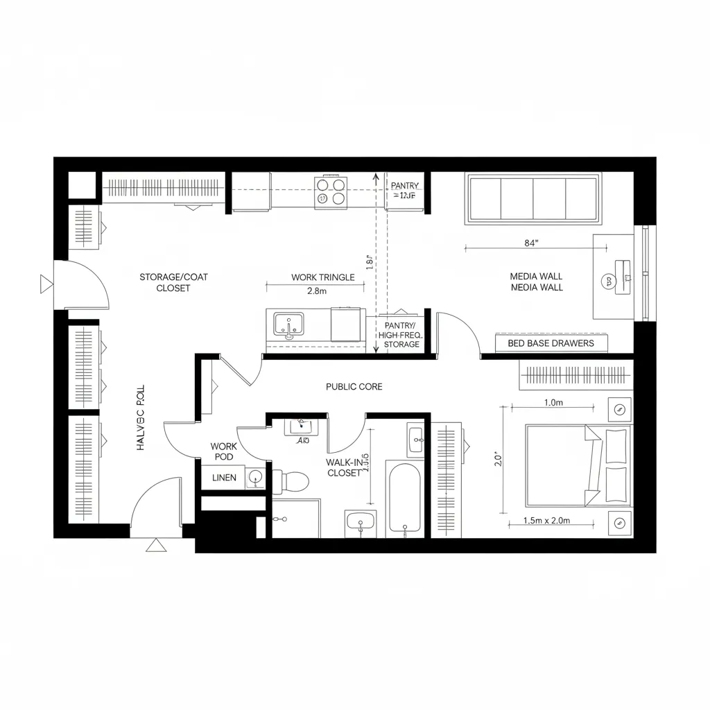 Black and white floor plan showing one bedroom kitchen area bathroom and large walk in closet
