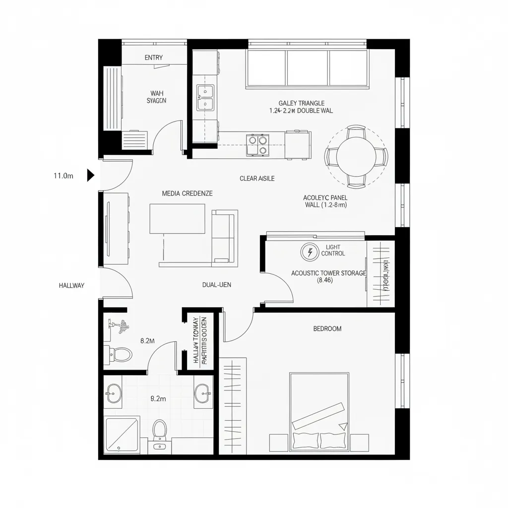 Floor plan showing one bedroom apartment with open kitchen dining area living room and bathroom layout