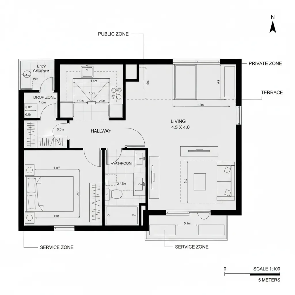 Top-down CAD plan of a linear one-bedroom with galley kitchen, living to terrace, and mid-spine bedroom