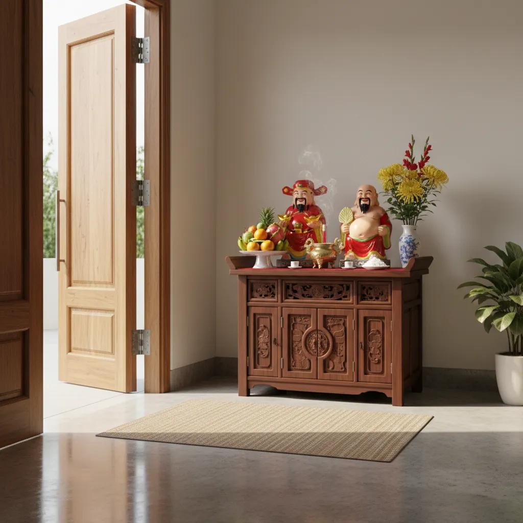 Bàn thờ Ông Địa đặt sát đất gần cửa chính trong nhà