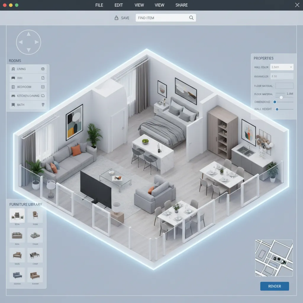 online 3D floor planner showing a furnished apartment layout