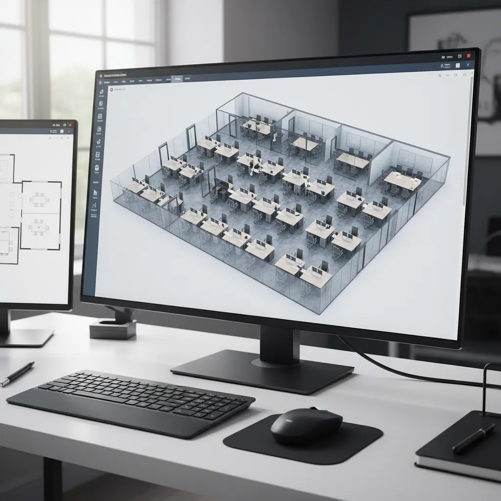 online 3D office layout planner interface with workspace furniture arranged in a digital floor plan