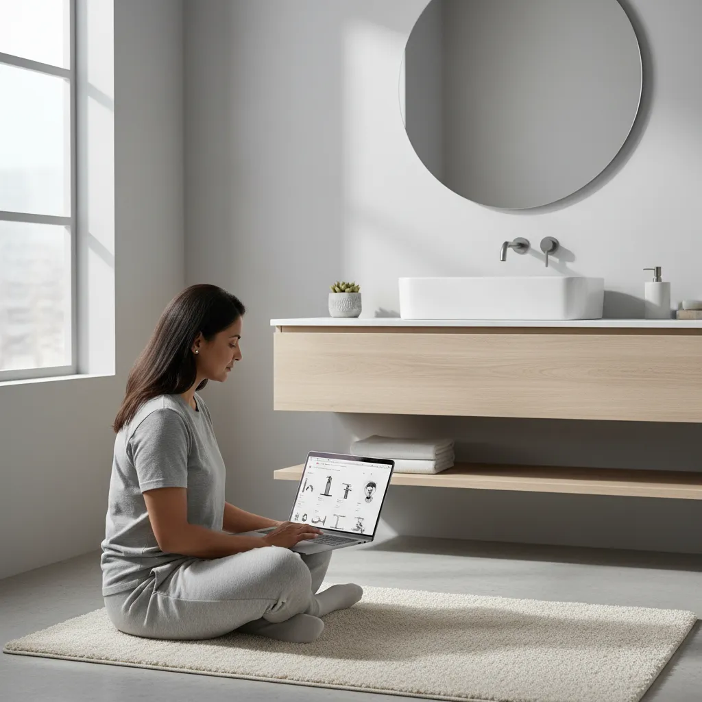 Indian homeowner browsing bathroom taps online on laptop in modern bathroom setting