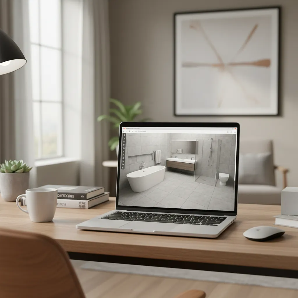 Homeowner designing bathroom layout on computer with 3D bathroom planner interface