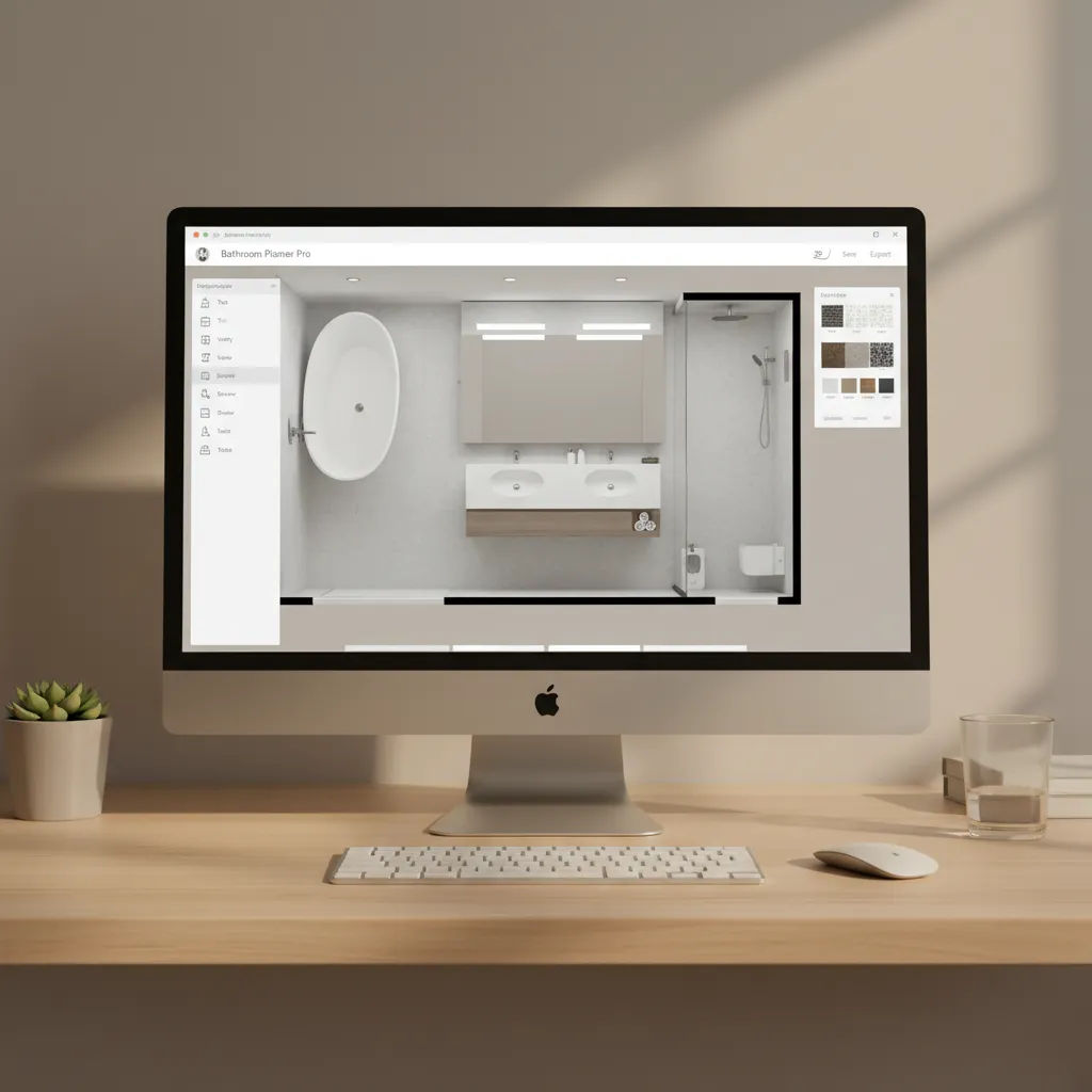 online bathroom planner interface showing layout with bathtub vanity and toilet