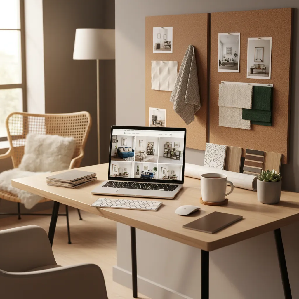 Designer browsing boutique home decor products on a laptop with styled interior visuals