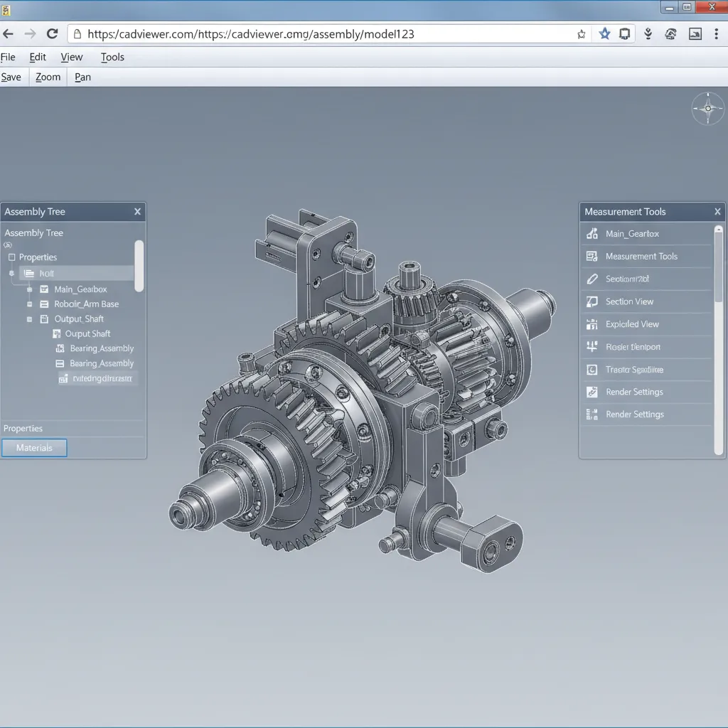 Online CAD viewer showing technical 3D mechanical model