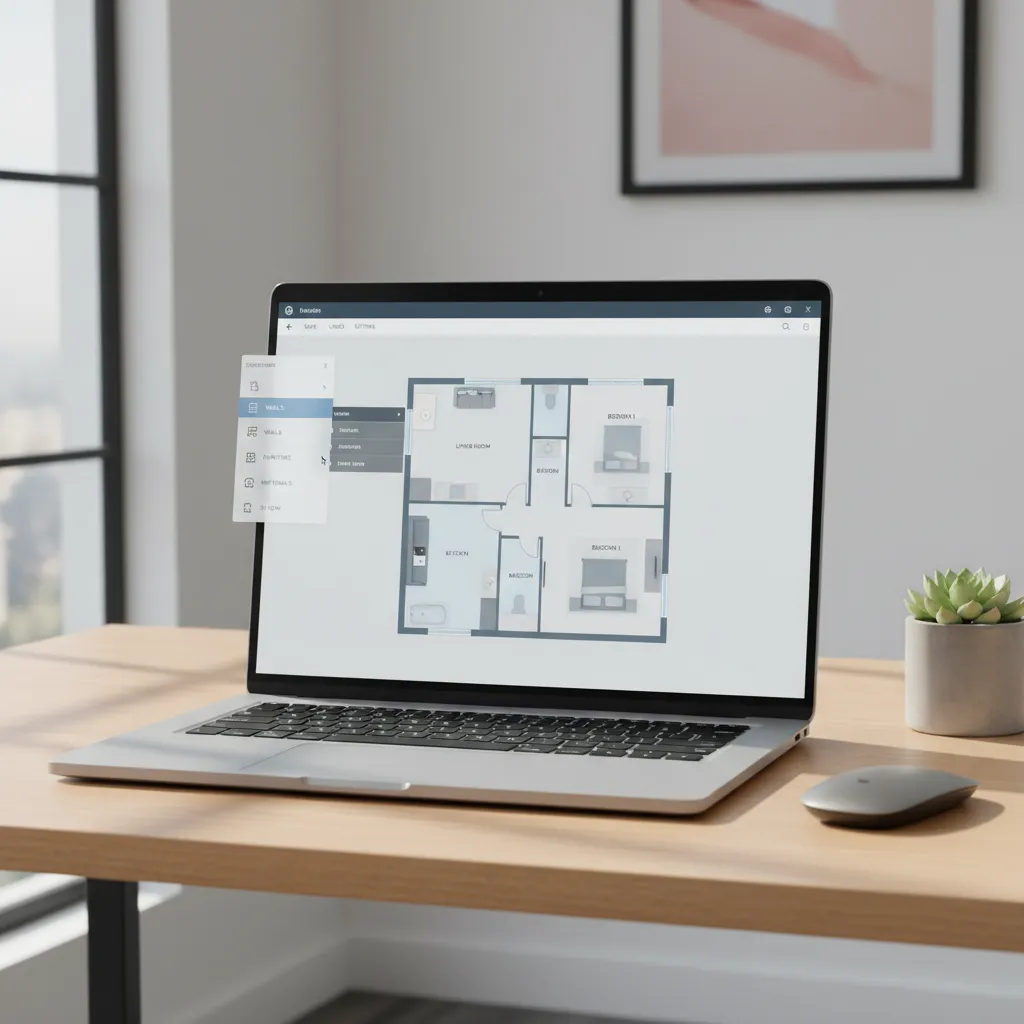 Laptop displaying online floor plan creator website interface with simple apartment layout