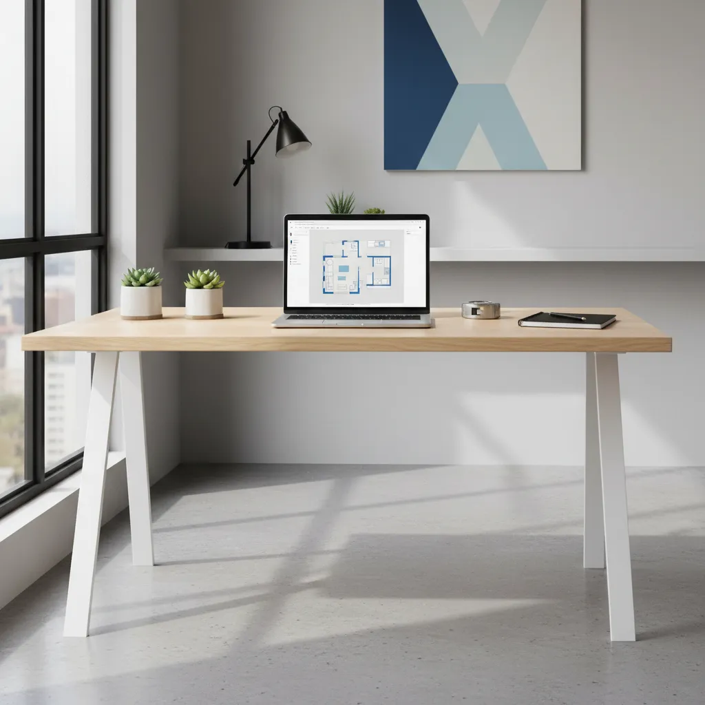 Laptop displaying a digital floor plan creator interface with room layout
