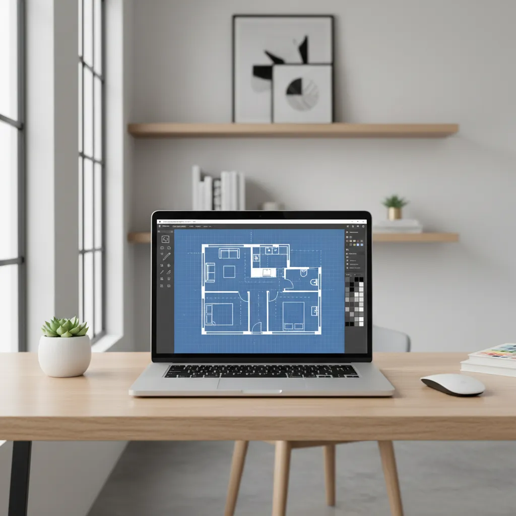 Laptop displaying an online floor plan design interface with room layout grid