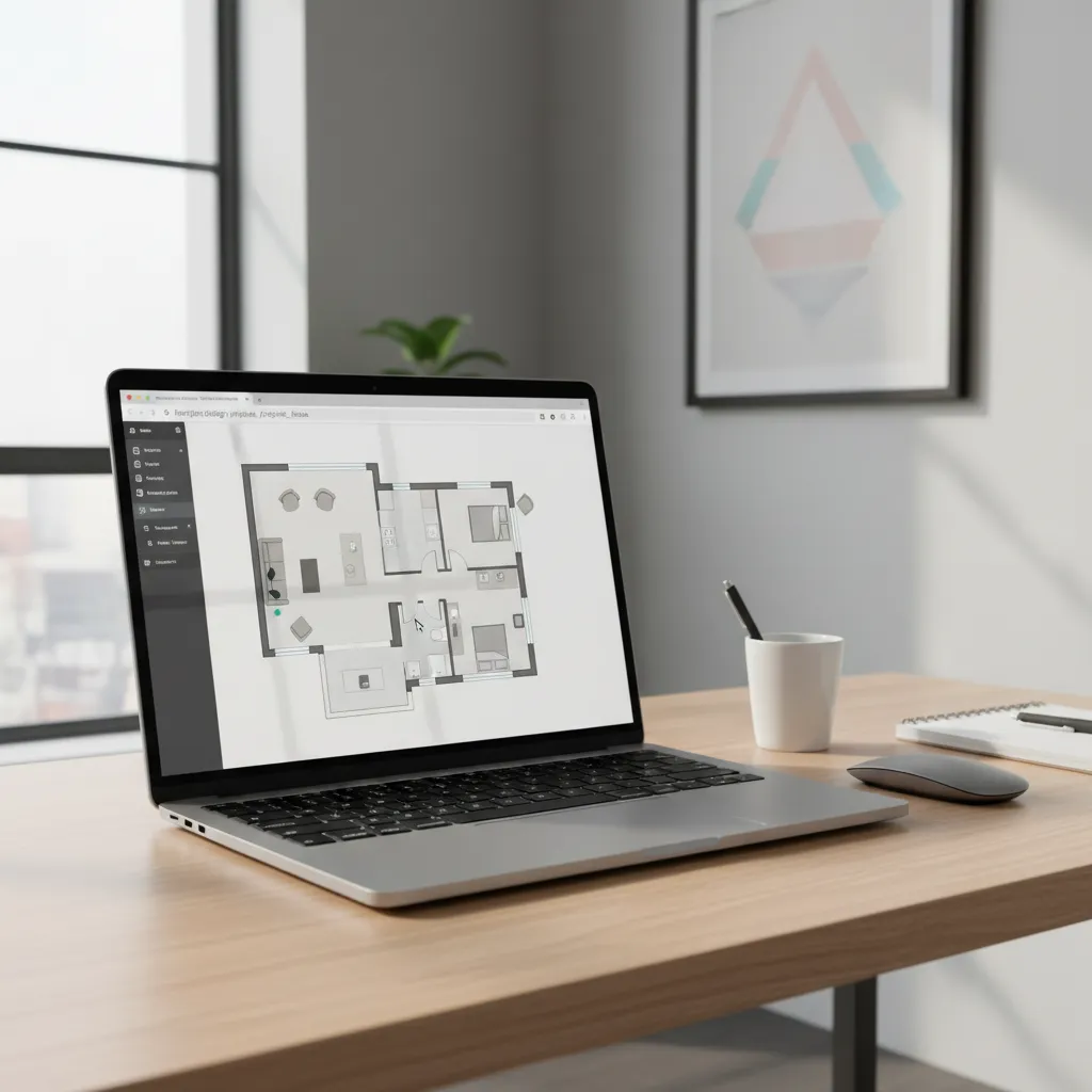 Laptop displaying a browser based floor plan design tool with a house layout in progress