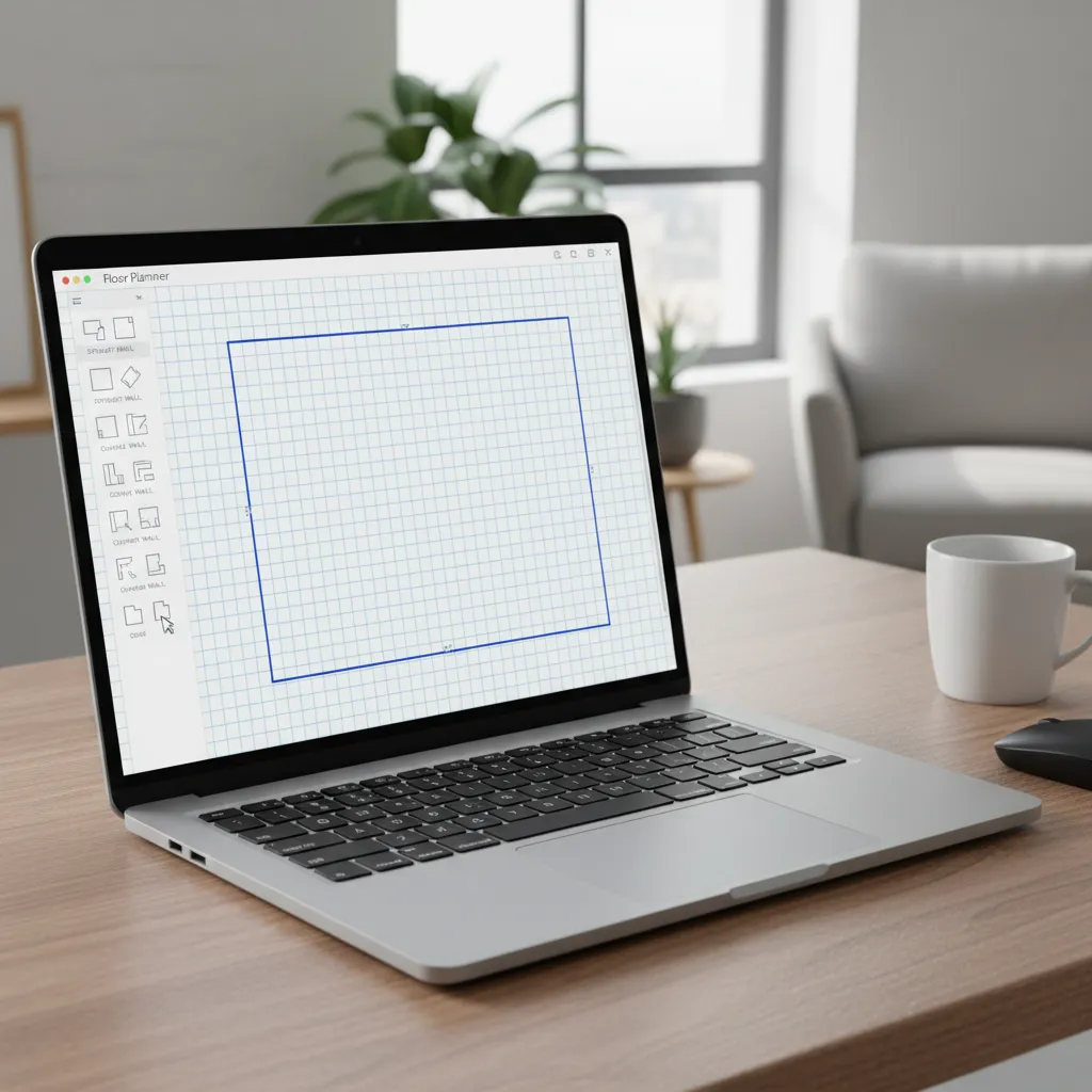 Laptop screen showing an online floor plan maker interface with room layout grid