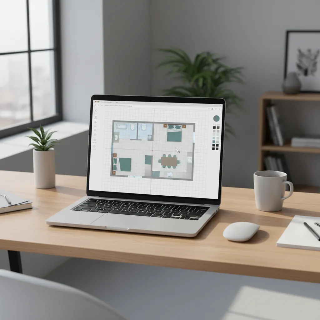 Laptop showing online floor plan editor with room layout grid