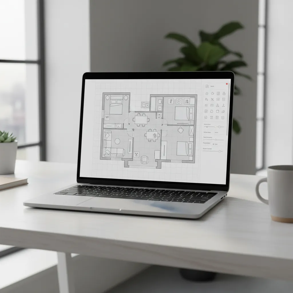 Laptop showing an online floor planning interface with a simple apartment layout