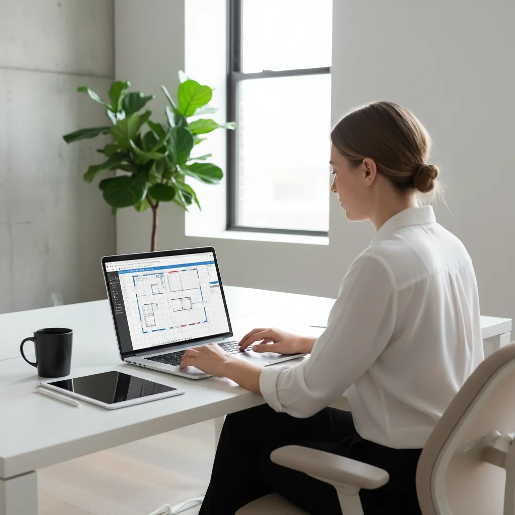 designer using browser based floor planning software on laptop
