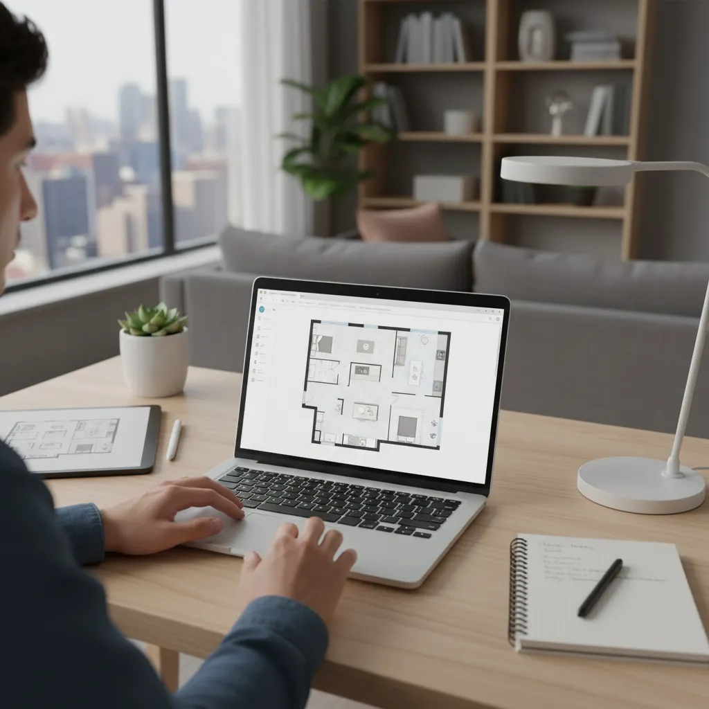 Person designing a home layout using an online floor planning tool