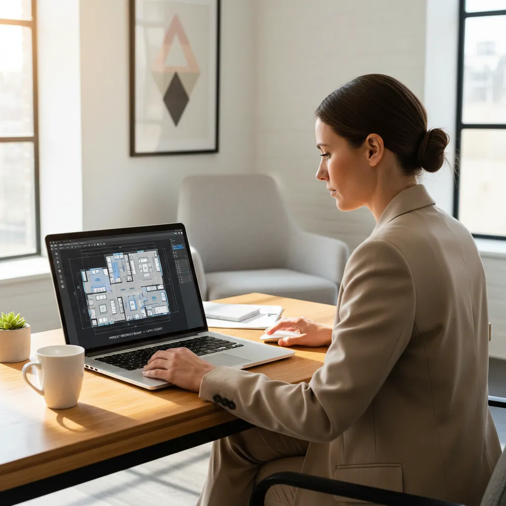Designer creating a digital floor plan layout on a laptop using an online planning tool