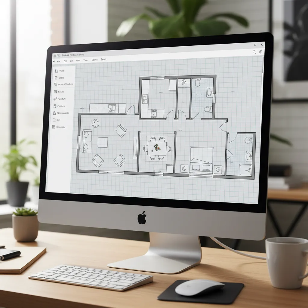 Modern browser based floor plan creator interface with drag and drop walls and furniture