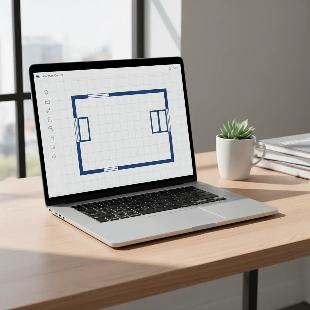 Laptop displaying a simple online floor plan creator interface with room layout
