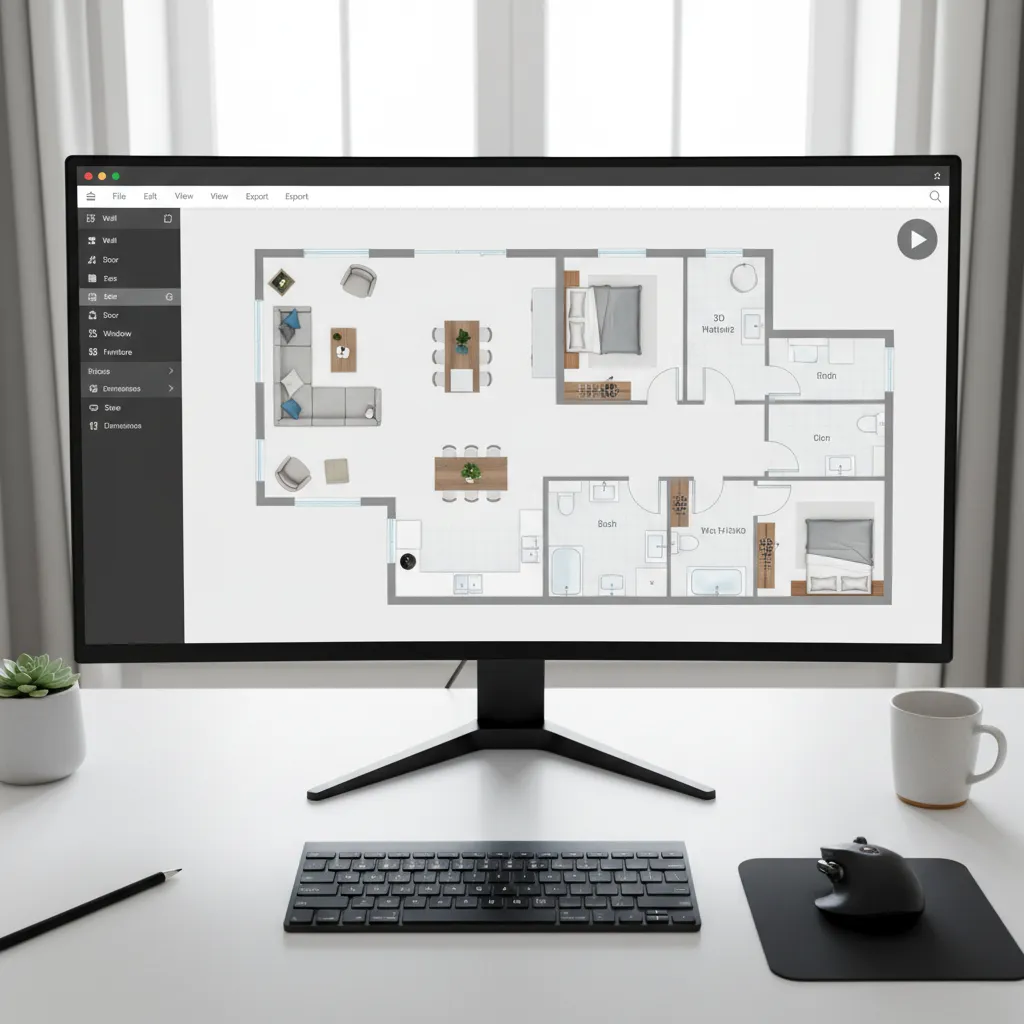 modern floor plan design interface showing a home layout with furniture placement
