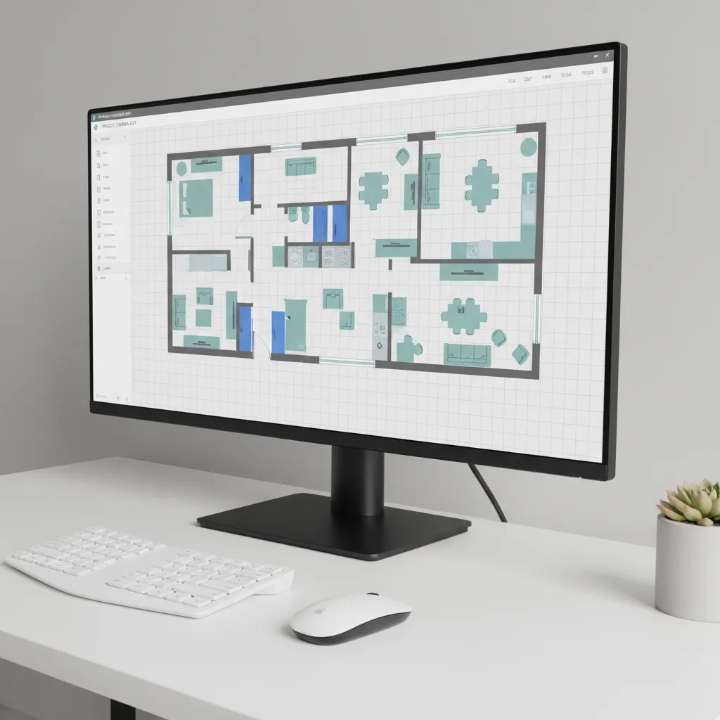Example interface of an online floor plan design tool with grid layout and room measurements