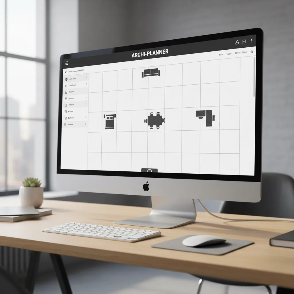 Online floor planner interface open in Chrome showing a living room layout grid