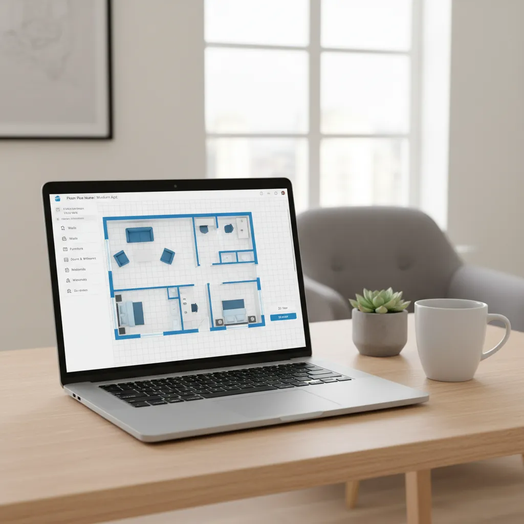 Laptop showing online floor planner interface with room layout grid